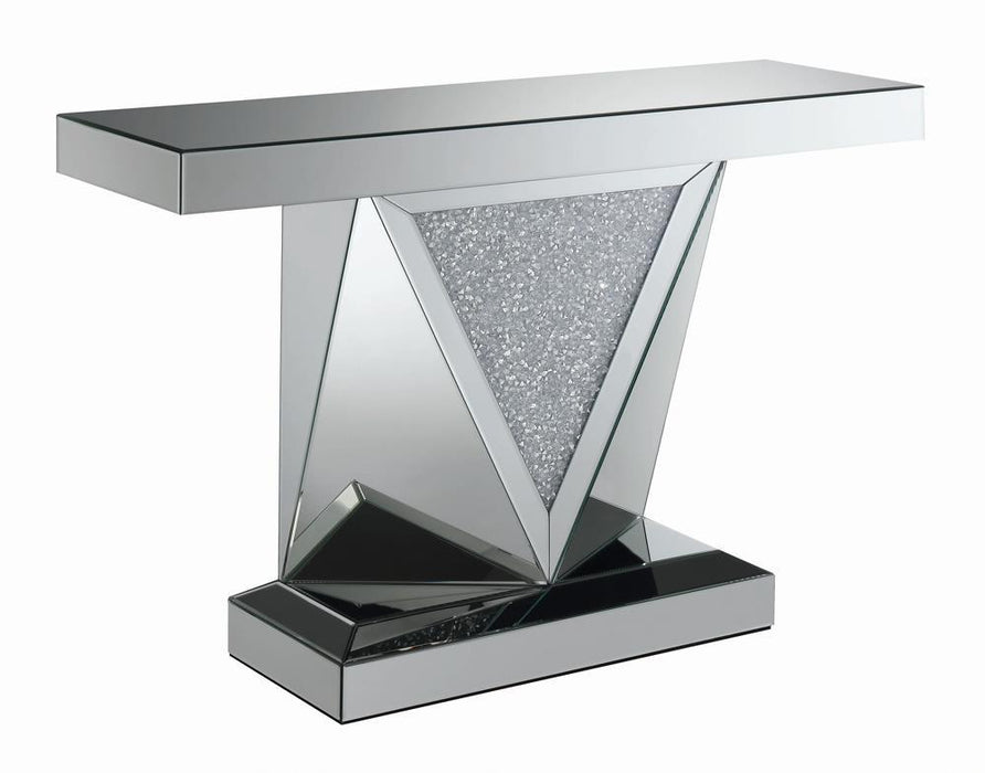 Amore Rectangular Sofa Table with Triangle Detailing Silver and Clear Mirror